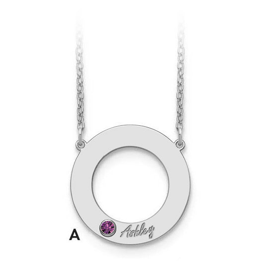14K White Gold 14Kw 1 Name & Birthstone W/ 18K Rhodium Plated Bezel Circle Necklace