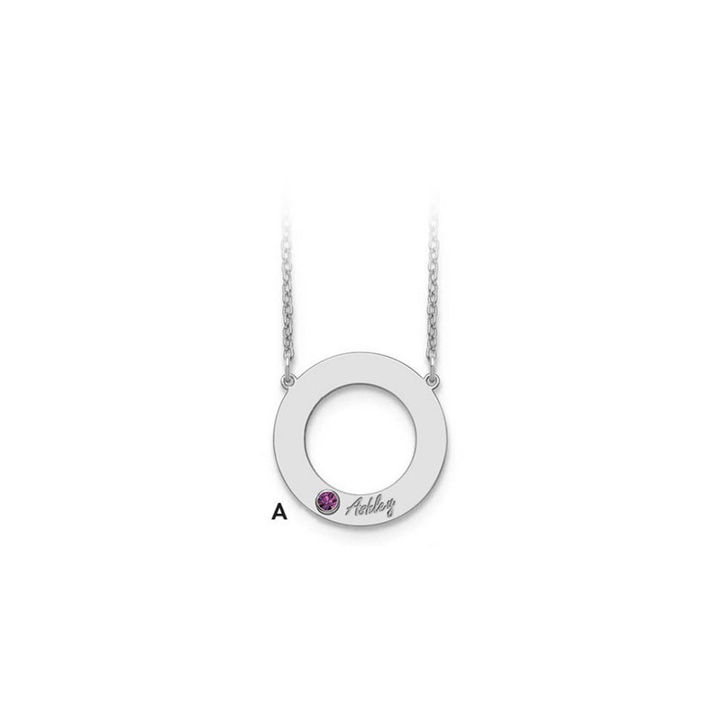 14K White Gold 14Kw 1 Name & Birthstone W/ 18K Rhodium Plated Bezel Circle Necklace