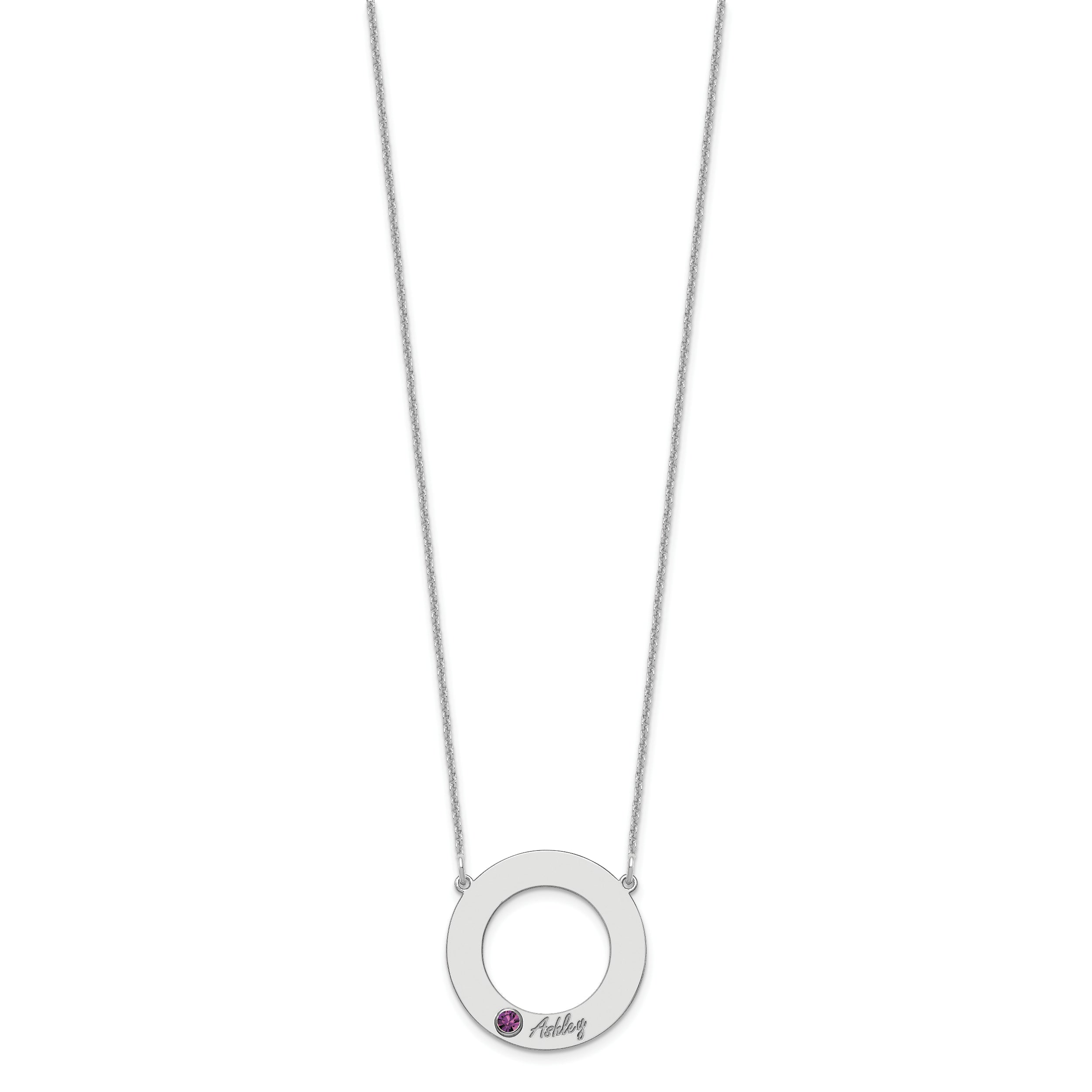14K White Gold 14Kw 1 Name & Birthstone W/ 18K Rhodium Plated Bezel Circle Necklace