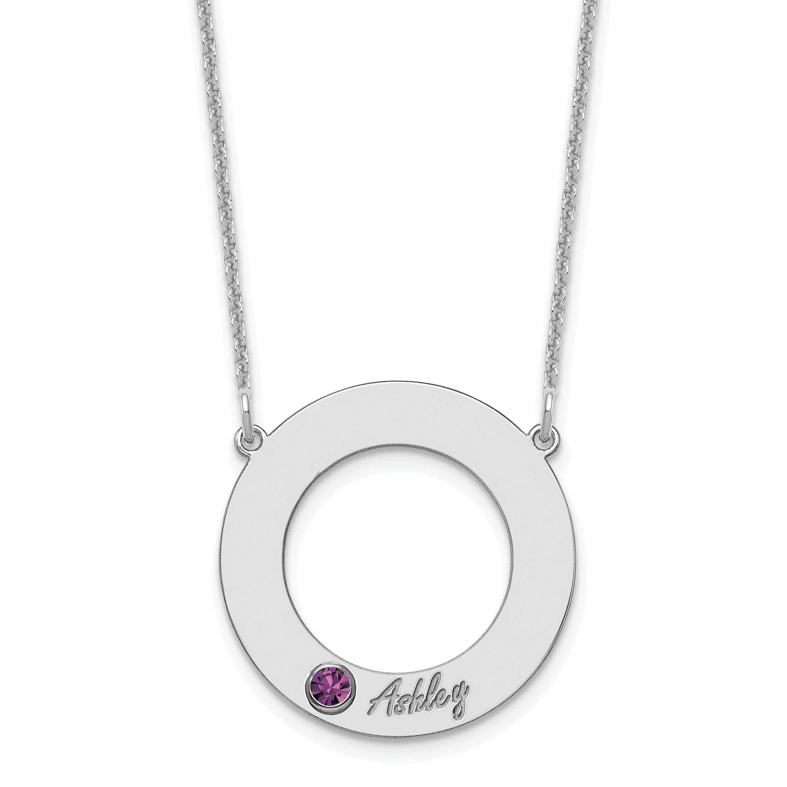 14K White Gold 14Kw 1 Name & Birthstone W/ 18K Rhodium Plated Bezel Circle Necklace