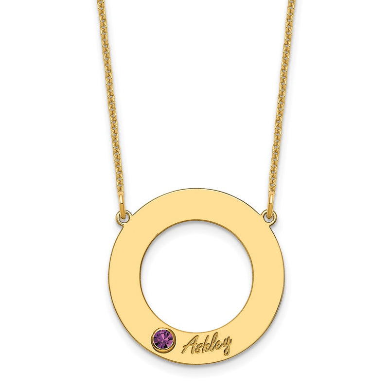 14K Yellow Gold 14Ky 1 Name And Birthstone W/ Bezel Cut Out Circle Necklace