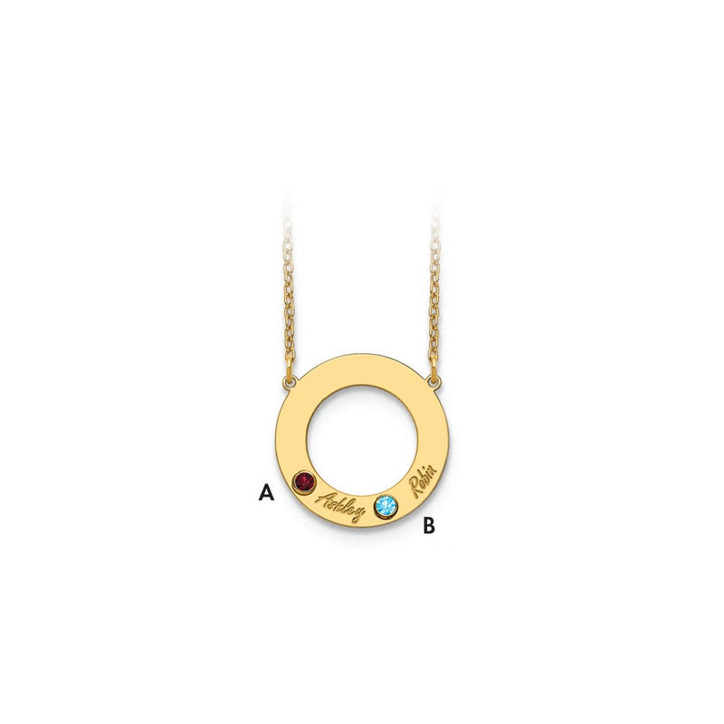 14K Yellow Gold 14Ky 2 Name And Birthstone W/ Bezel Cut Out Circle Necklace