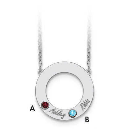 14K White Gold 14Kw 2 Name & Birthstone W/ 18K Rhodium Plated Bezel Circle Necklace