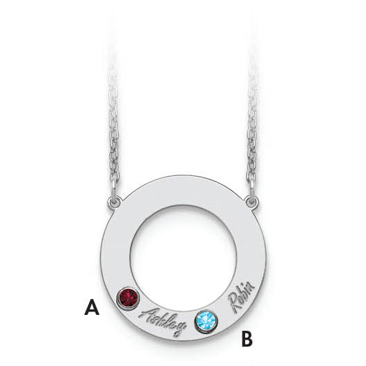 14K White Gold 14Kw 2 Name & Birthstone W/ 18K Rhodium Plated Bezel Circle Necklace