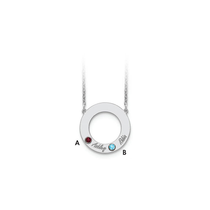 14K White Gold 14Kw 2 Name & Birthstone W/ 18K Rhodium Plated Bezel Circle Necklace