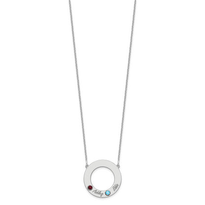 14K White Gold 14Kw 2 Name & Birthstone W/ 18K Rhodium Plated Bezel Circle Necklace