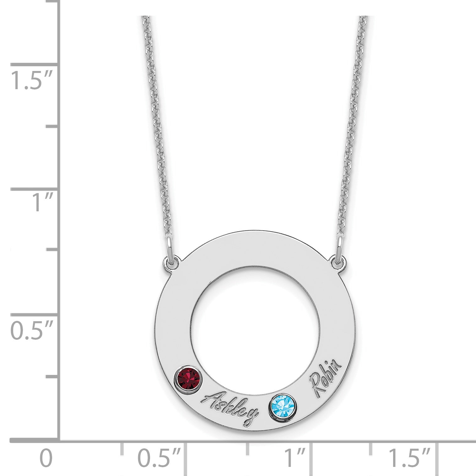 14K White Gold 14Kw 2 Name & Birthstone W/ 18K Rhodium Plated Bezel Circle Necklace