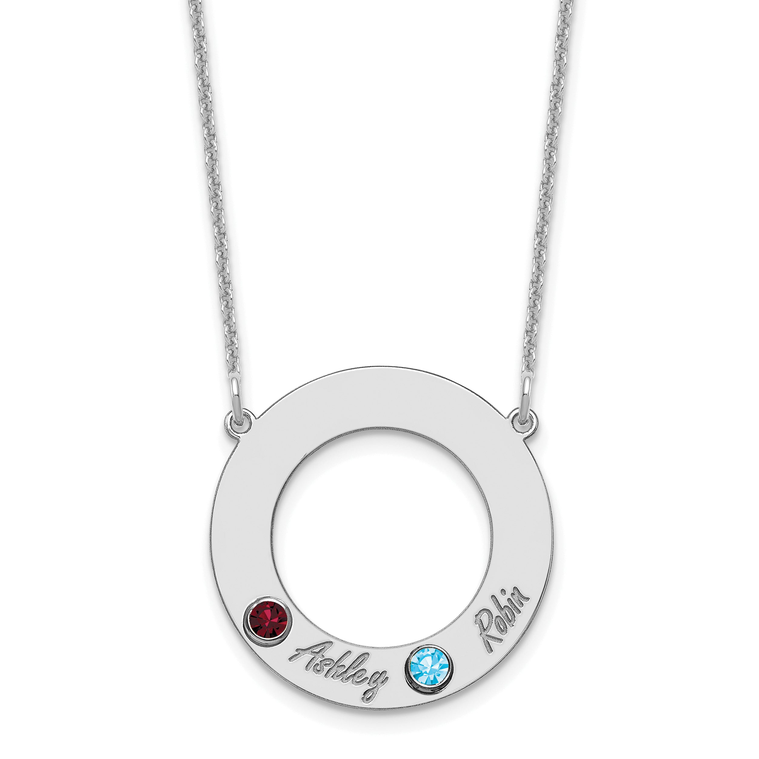 14K White Gold 14Kw 2 Name & Birthstone W/ 18K Rhodium Plated Bezel Circle Necklace