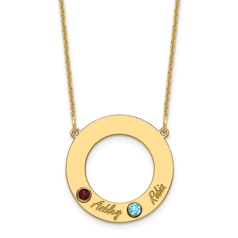 14K Yellow Gold 14Ky 2 Name And Birthstone W/ Bezel Cut Out Circle Necklace