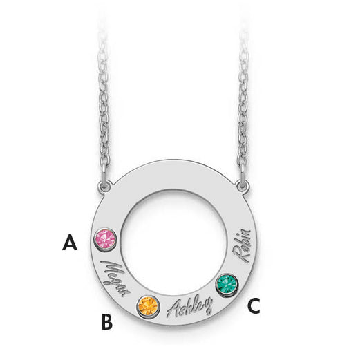 14K White Gold 14Kw 3 Name & Birthstone W/ 18K Rhodium Plated Bezel Circle Necklace