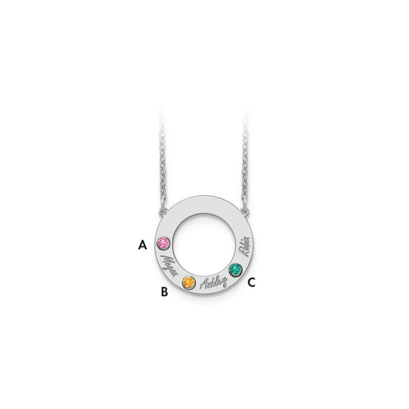 14K White Gold 14Kw 3 Name & Birthstone W/ 18K Rhodium Plated Bezel Circle Necklace