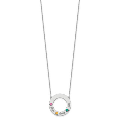 14K White Gold 14Kw 3 Name & Birthstone W/ 18K Rhodium Plated Bezel Circle Necklace