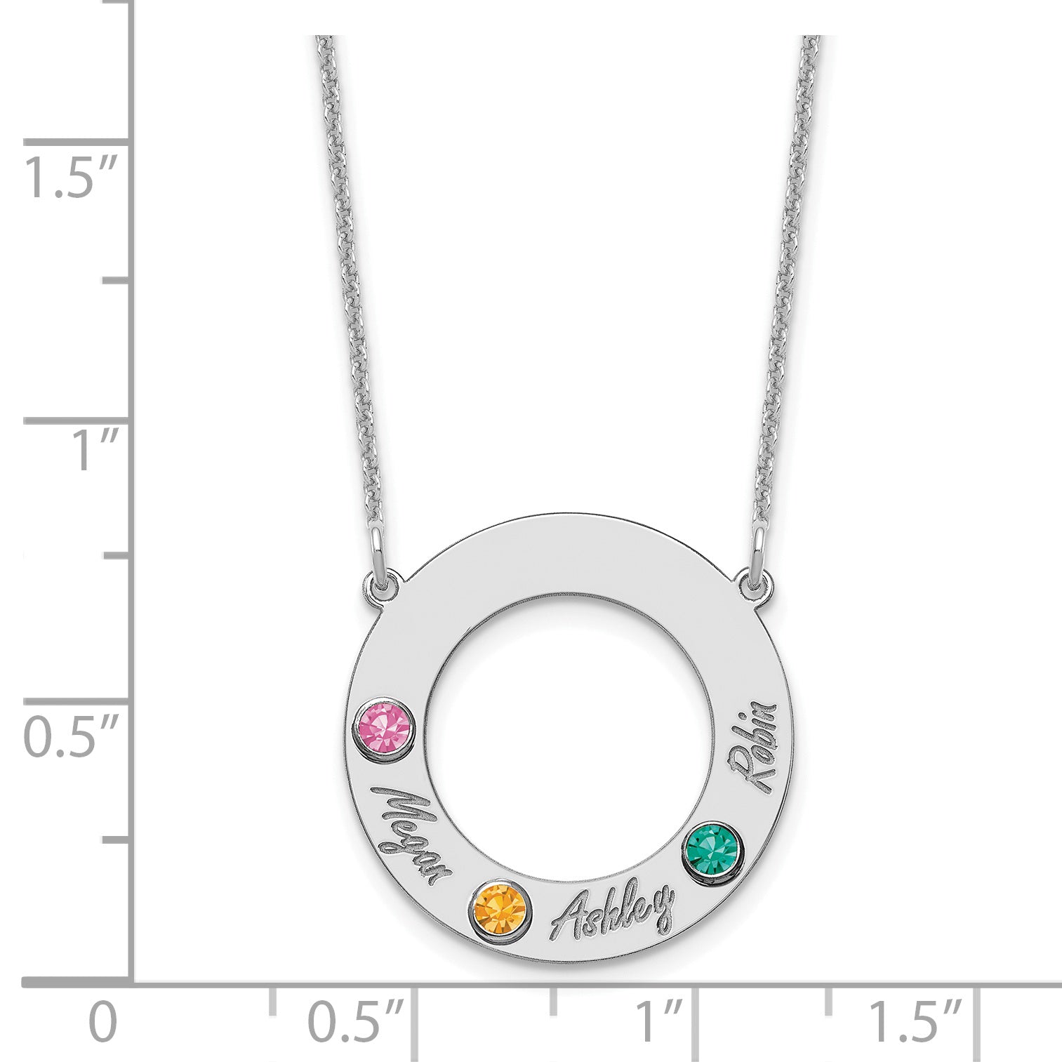 14K White Gold 14Kw 3 Name & Birthstone W/ 18K Rhodium Plated Bezel Circle Necklace