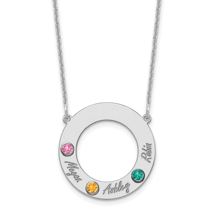 14K White Gold 14Kw 3 Name & Birthstone W/ 18K Rhodium Plated Bezel Circle Necklace