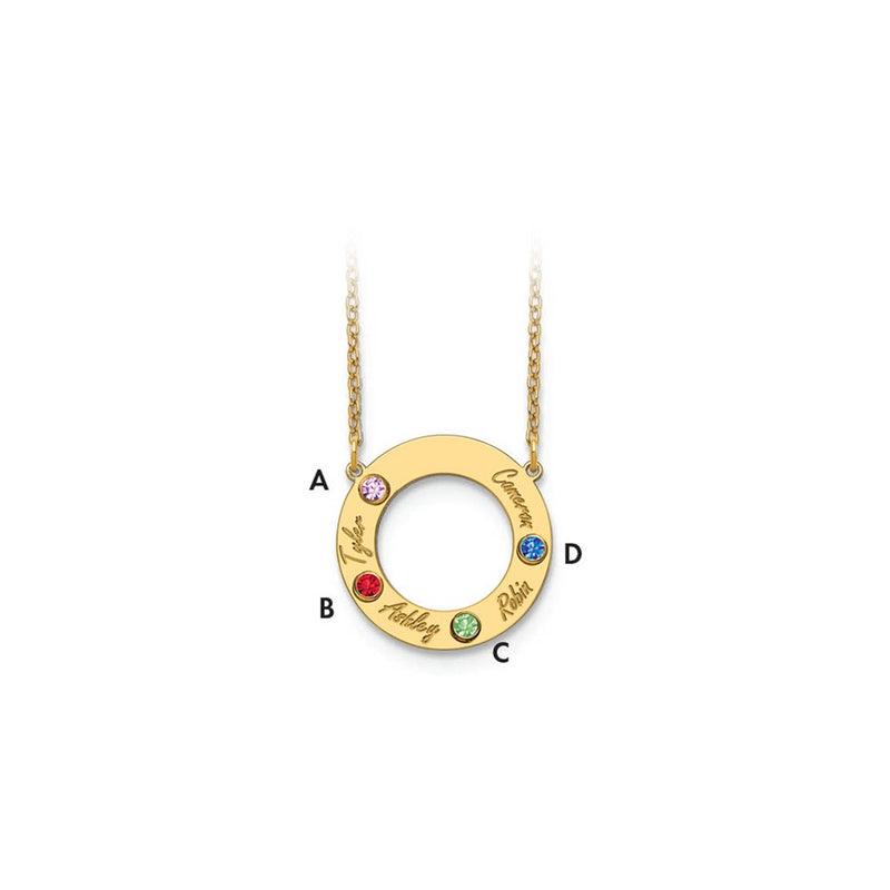14K Yellow Gold 14Ky 4 Name And Birthstone W/ Bezel Cut Out Circle Necklace