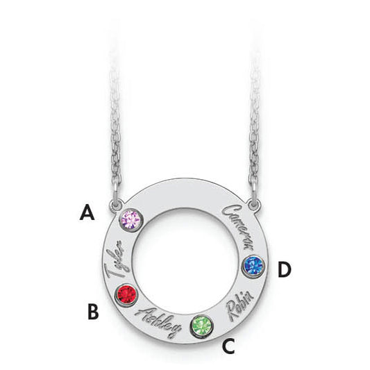 14K White Gold 14Kw 4 Name & Birthstone W/ Rhodium Plated Bezel Circle Necklace