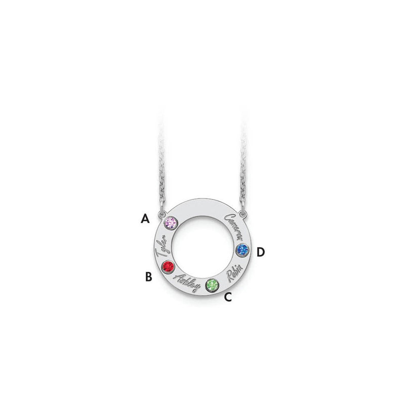 14K White Gold 14Kw 4 Name & Birthstone W/ Rhodium Plated Bezel Circle Necklace
