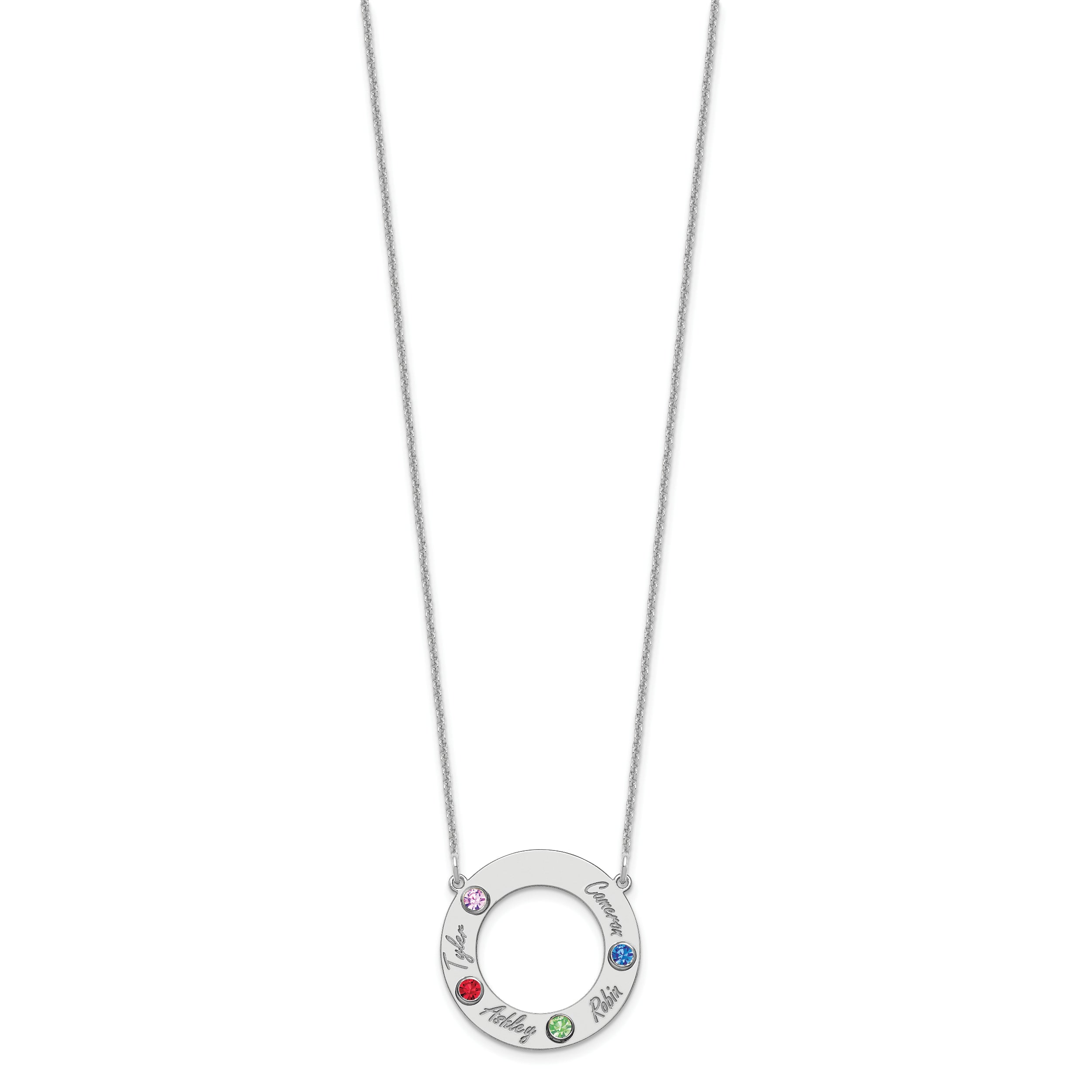 14K White Gold 14Kw 4 Name & Birthstone W/ Rhodium Plated Bezel Circle Necklace