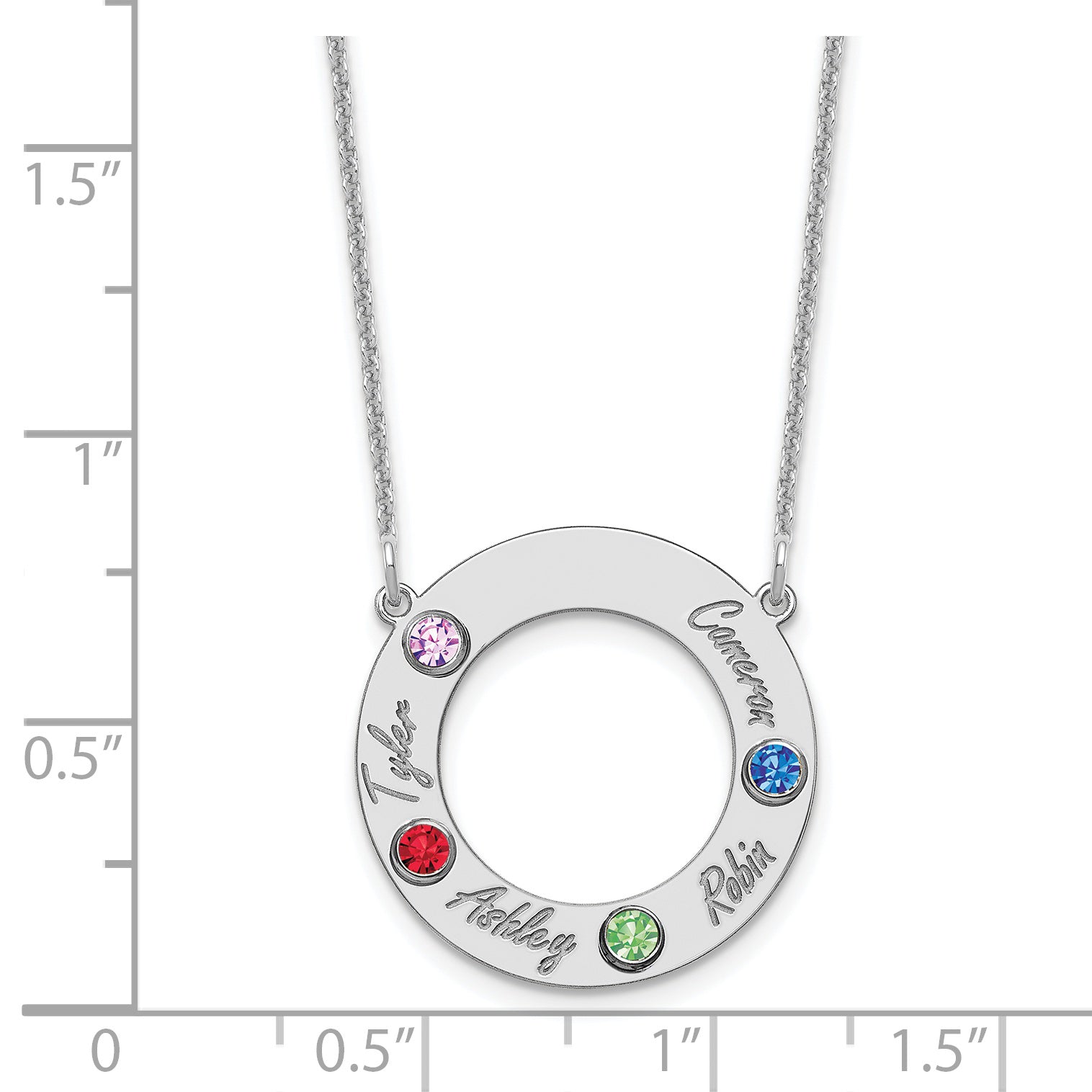14K White Gold 14Kw 4 Name & Birthstone W/ Rhodium Plated Bezel Circle Necklace