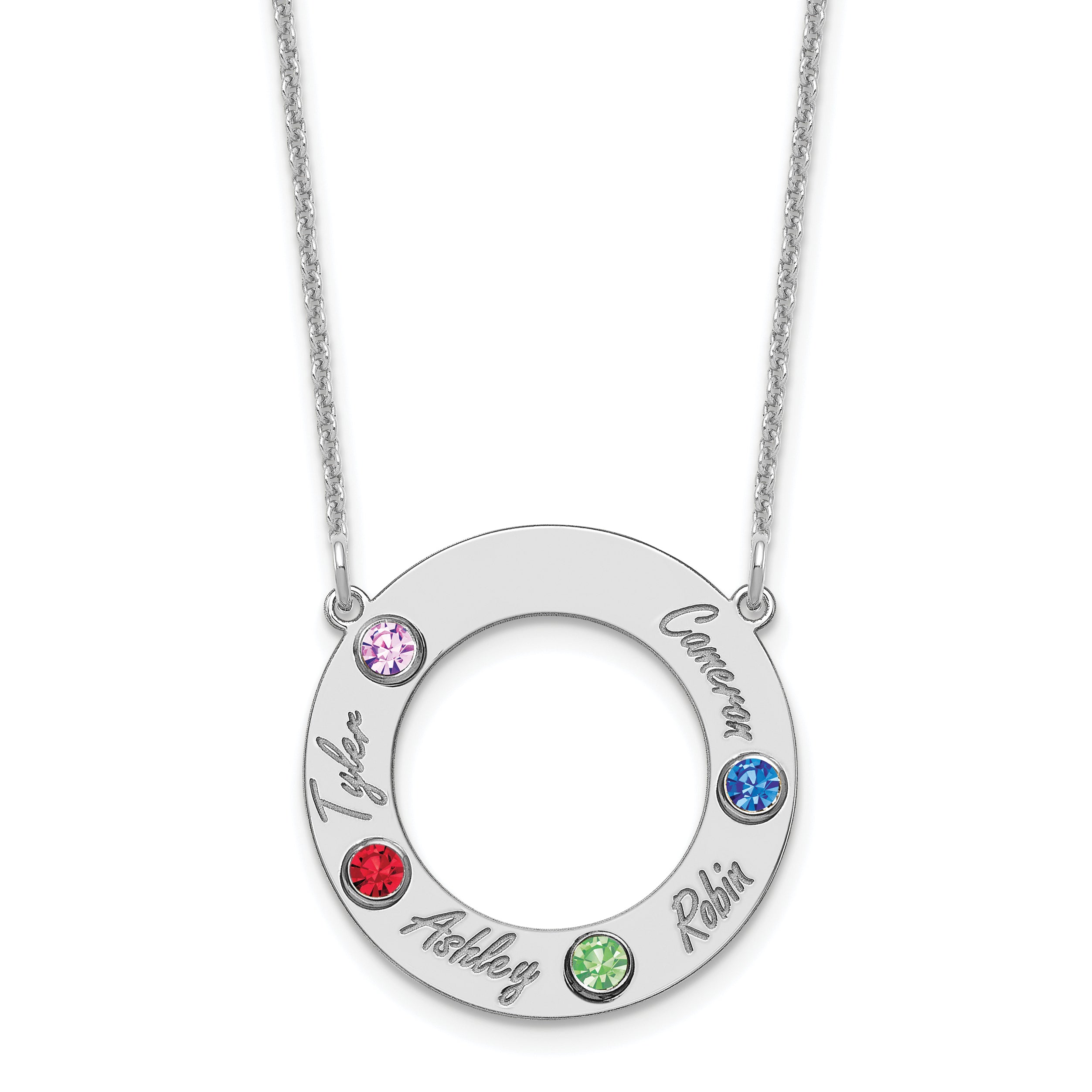 14K White Gold 14Kw 4 Name & Birthstone W/ Rhodium Plated Bezel Circle Necklace