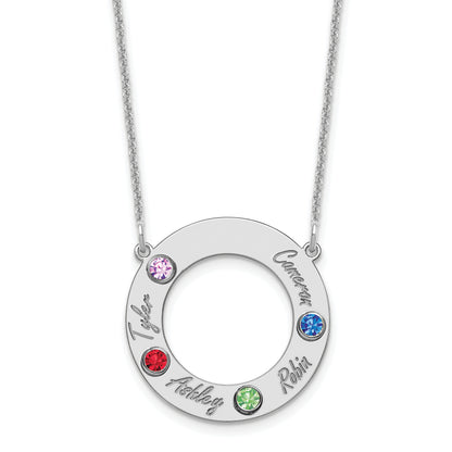 14K White Gold 14Kw 4 Name & Birthstone W/ Rhodium Plated Bezel Circle Necklace