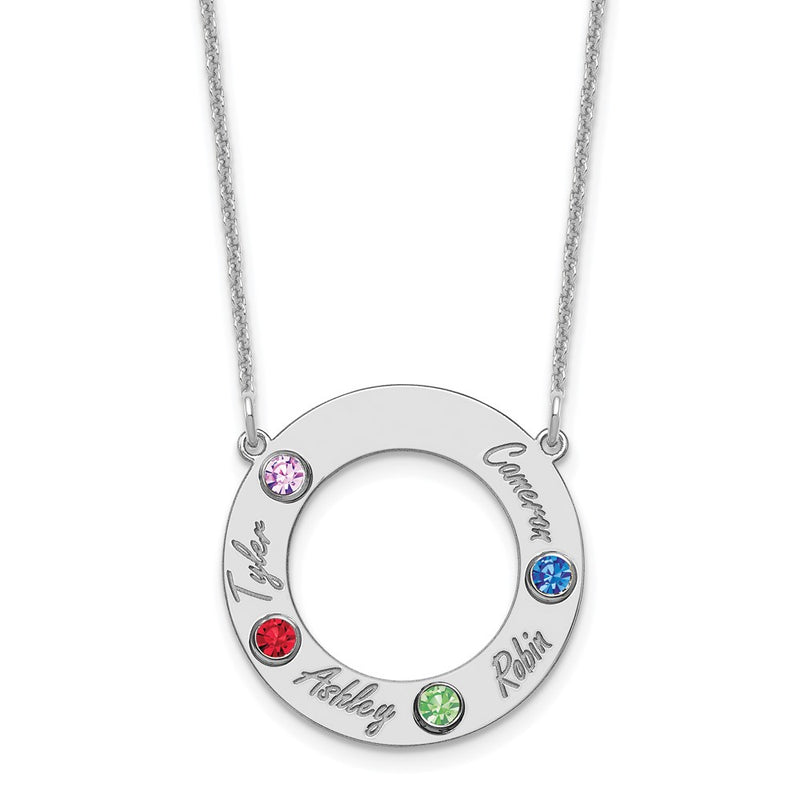 14K White Gold 14Kw 4 Name & Birthstone W/ Rhodium Plated Bezel Circle Necklace