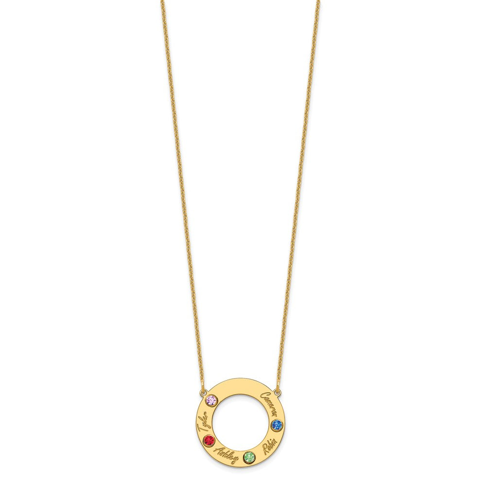 14K Yellow Gold 14Ky 4 Name And Birthstone W/ Bezel Cut Out Circle Necklace