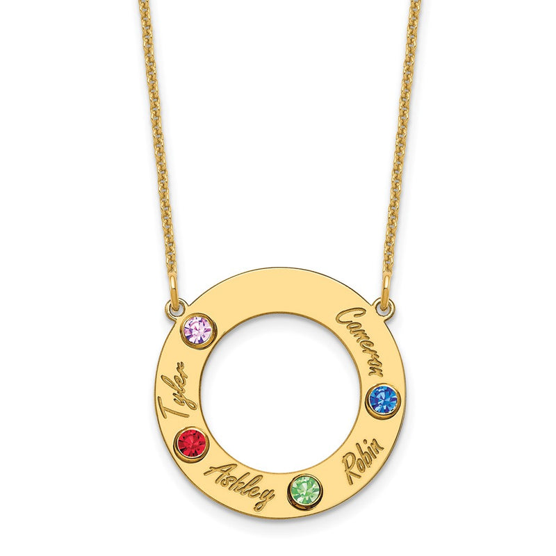 14K Yellow Gold 14Ky 4 Name And Birthstone W/ Bezel Cut Out Circle Necklace