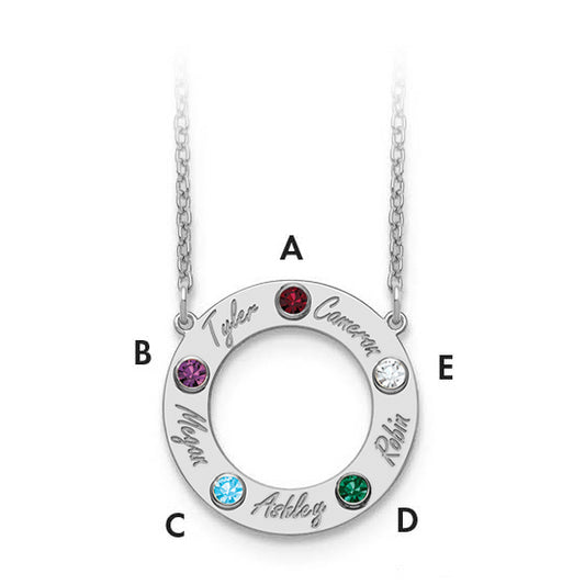 14K White Gold 14Kw 5 Name & Birthstone W/ 18K Rhodium Plated Bezel Circle Necklace