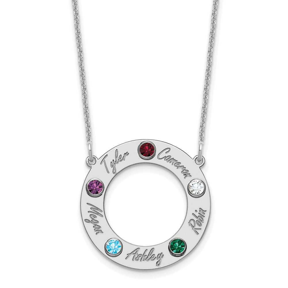 14K White Gold 14Kw 5 Name & Birthstone W/ 18K Rhodium Plated Bezel Circle Necklace
