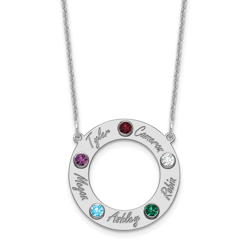 14K White Gold 14Kw 5 Name & Birthstone W/ 18K Rhodium Plated Bezel Circle Necklace
