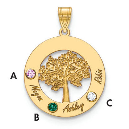 14K Yellow Gold 14Ky Family Tree In Circle 3 Names And Birthstones W/ Bezel Pendant