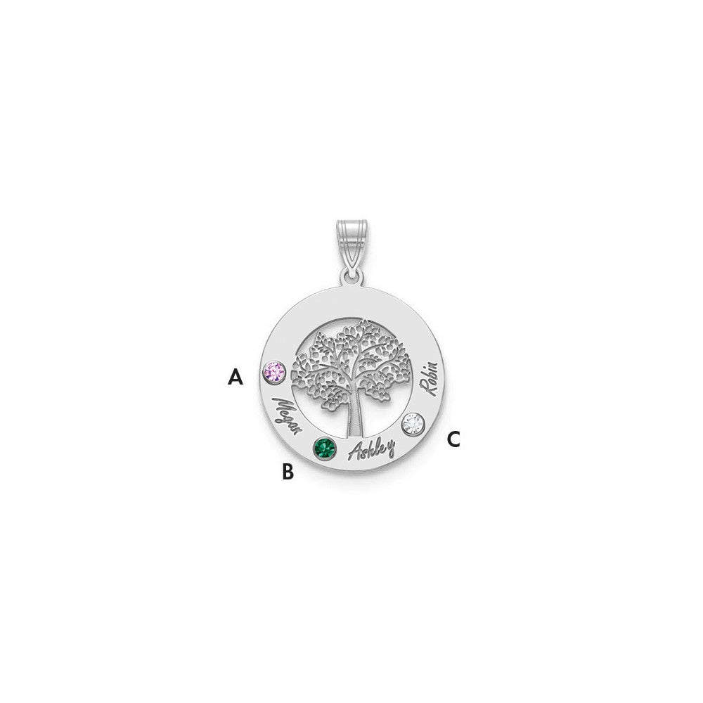 14K White Gold 14Kw Family Tree Circle 3 Names & Birthstones W/ 18K Rhodium Plated Bezels