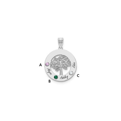 14K White Gold 14Kw Family Tree Circle 3 Names & Birthstones W/ 18K Rhodium Plated Bezels