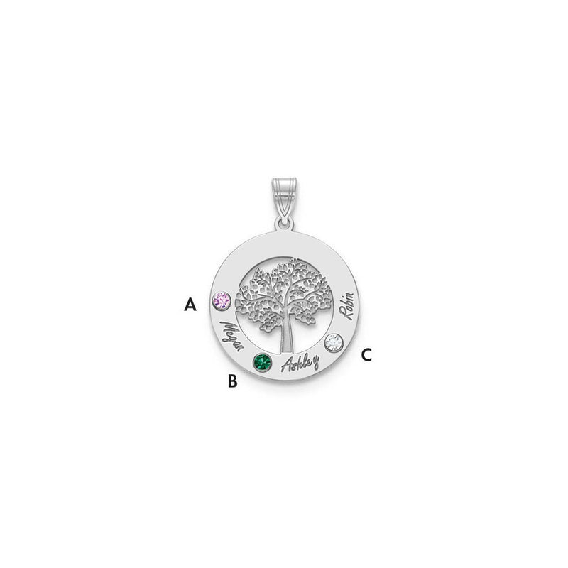 14K White Gold 14Kw Family Tree Circle 3 Names & Birthstones W/ 18K Rhodium Plated Bezels