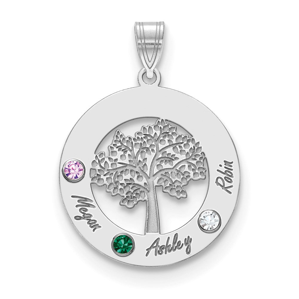 14K White Gold 14Kw Family Tree Circle 3 Names & Birthstones W/ 18K Rhodium Plated Bezels