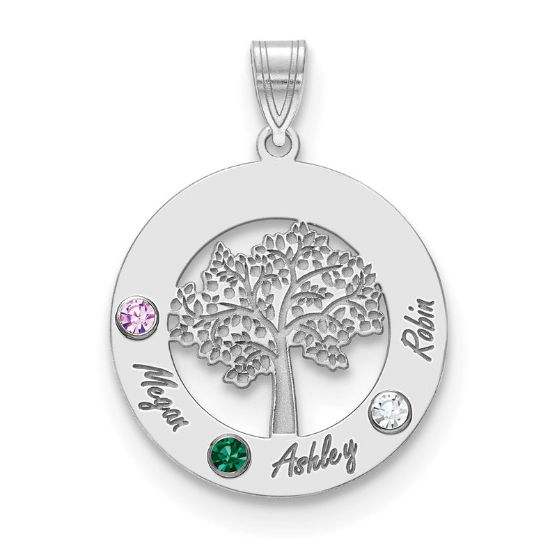 14K White Gold 14Kw Family Tree Circle 3 Names & Birthstones W/ 18K Rhodium Plated Bezels