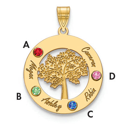 14K Yellow Gold 14Ky Family Tree In Circle 4 Names And Birthstones W/ Bezel Pendant