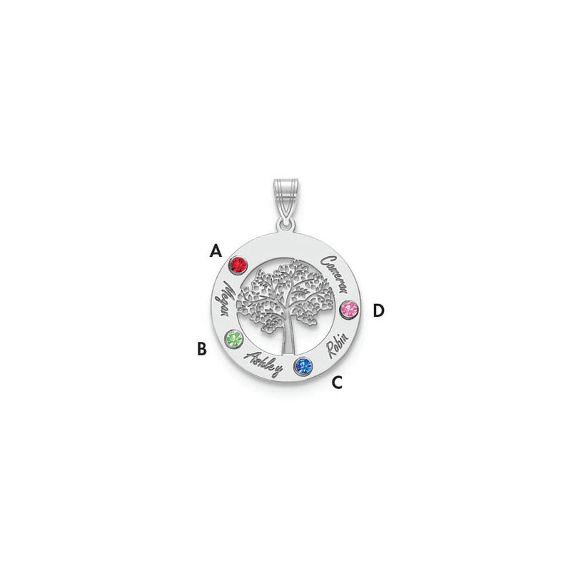 14K White Gold 14Kw Family Tree Circle 4 Names W/ Birthstones 18K Rhodium Plated Bezels