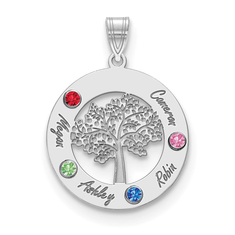 14K White Gold 14Kw Family Tree Circle 4 Names W/ Birthstones 18K Rhodium Plated Bezels