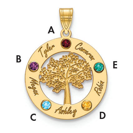 14K Yellow Gold 14Ky Family Tree In Circle 5 Names And Birthstones W/ Bezel Pendant