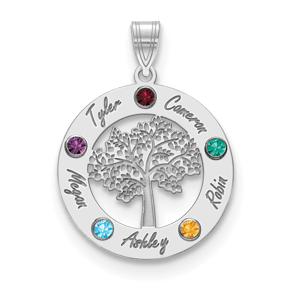 14K White Gold 14Kw Family Tree Circle 5 Names & Birthstones W/ 18K Rhodium Plated Bezels