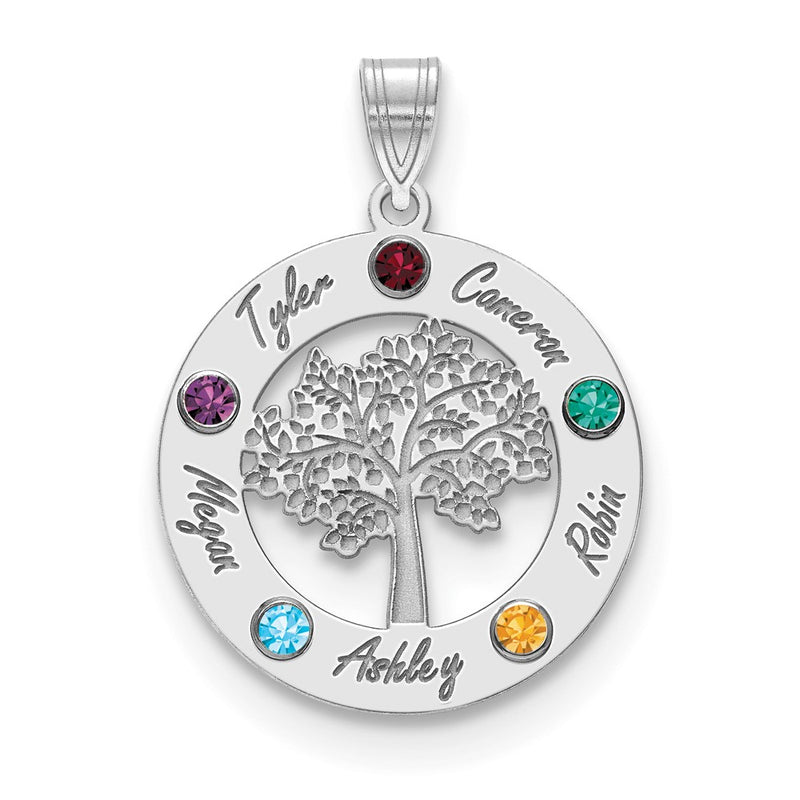 14K White Gold 14Kw Family Tree Circle 5 Names & Birthstones W/ 18K Rhodium Plated Bezels