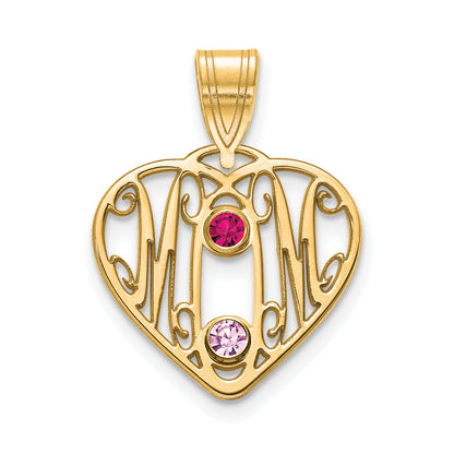 14K Yellow Gold 14Ky Mom In Heart 2 Birthstones Bezel Pendant