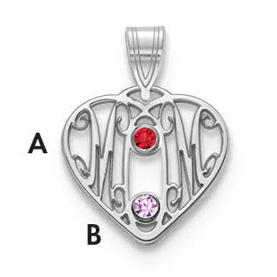 14K White Gold 14Kw Mom In Heart 2 Birthstones 18K Rhodium Plated Bezels