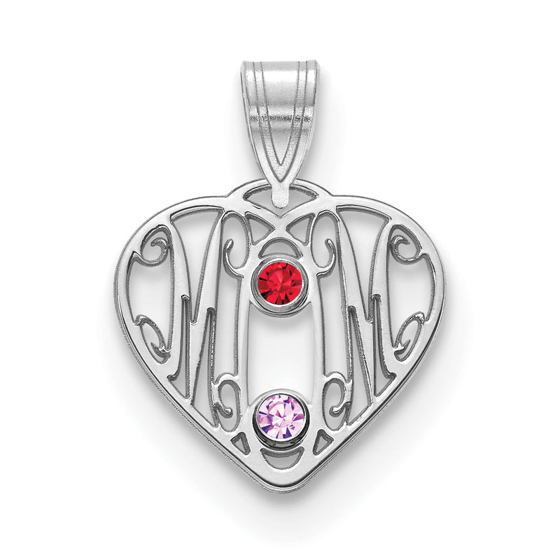 14K White Gold 14Kw Mom In Heart 2 Birthstones 18K Rhodium Plated Bezels