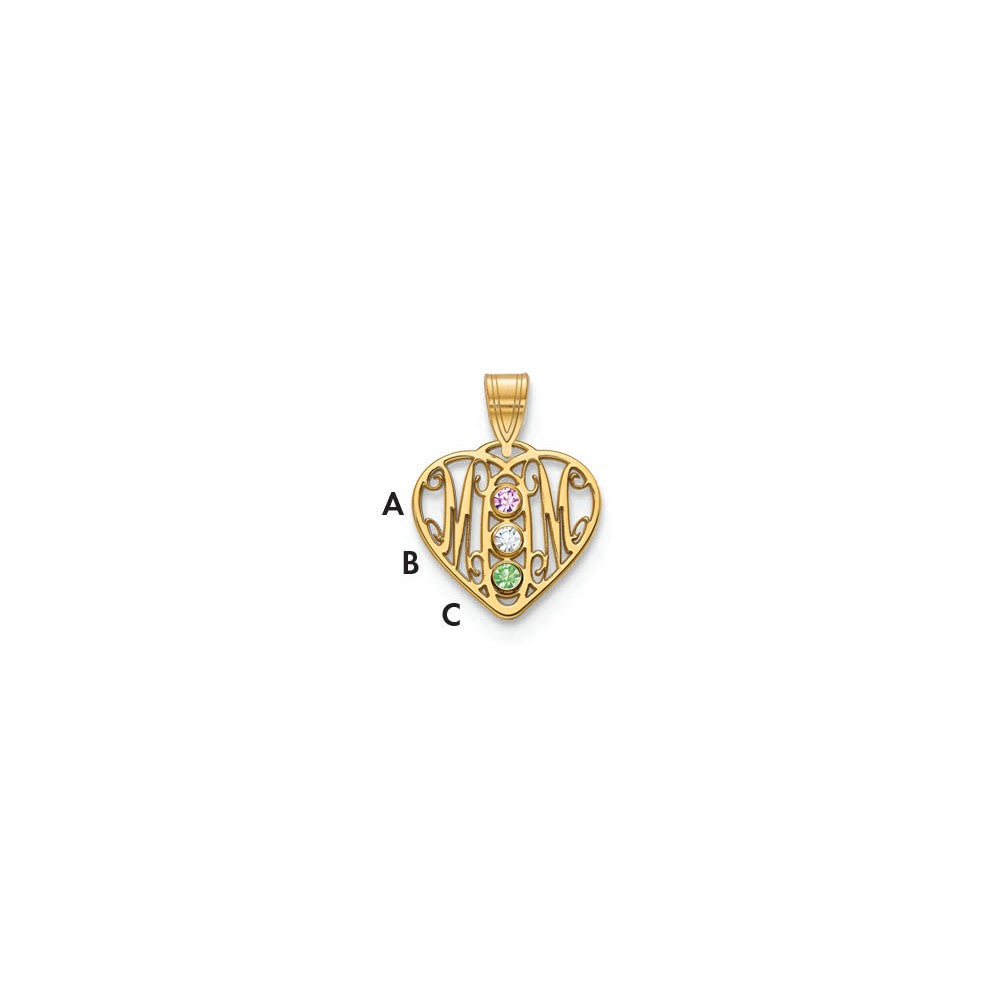 14K Yellow Gold 14Ky Mom In Heart 3 Birthstones Bezel Pendant