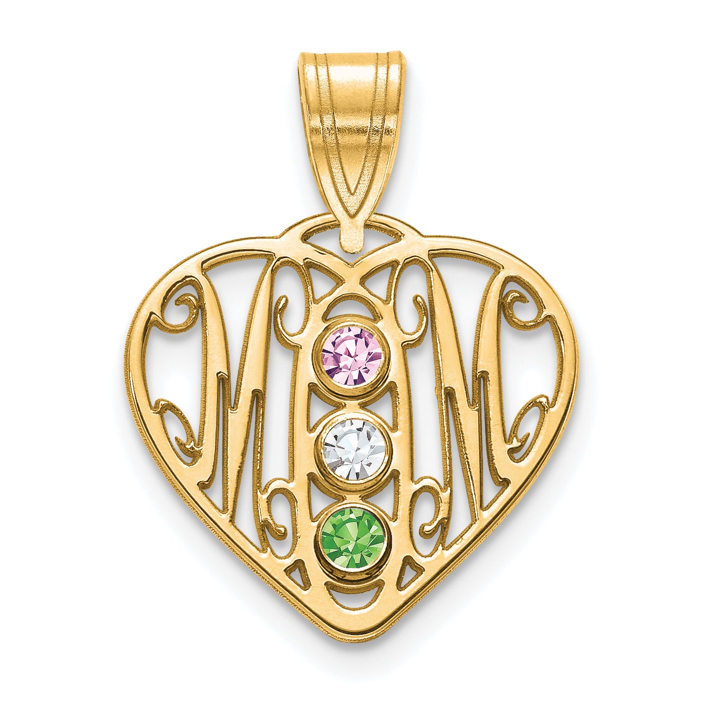 14K Yellow Gold 14Ky Mom In Heart 3 Birthstones Bezel Pendant