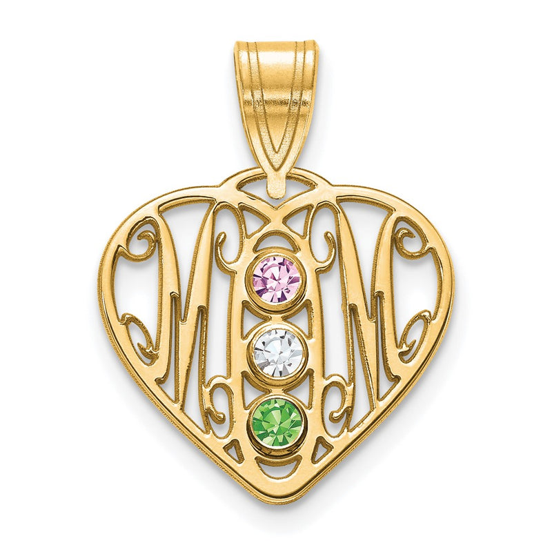 14K Yellow Gold 14Ky Mom In Heart 3 Birthstones Bezel Pendant