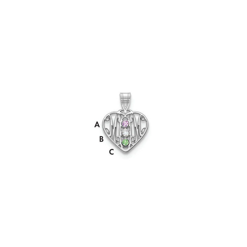14K White Gold 14Kw Mom In Heart 3 Birthstones 18K Rhodium Plated Bezels